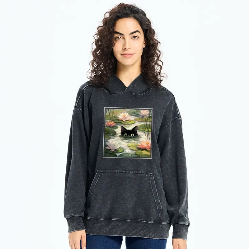 Tokyo-Tiger Black Cat and Lotus Flower Washed Hoodie