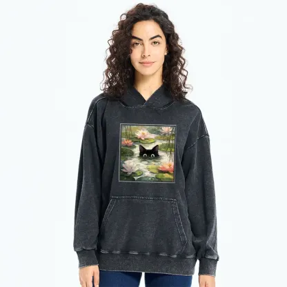 Tokyo-Tiger Black Cat and Lotus Flower Washed Hoodie