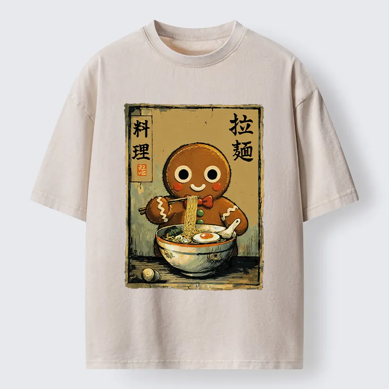 Tokyo-Tiger Funny Gingerbread Eating Ramen Washed T-Shirt