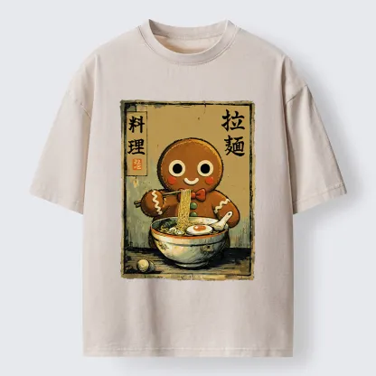 Tokyo-Tiger Funny Gingerbread Eating Ramen Washed T-Shirt