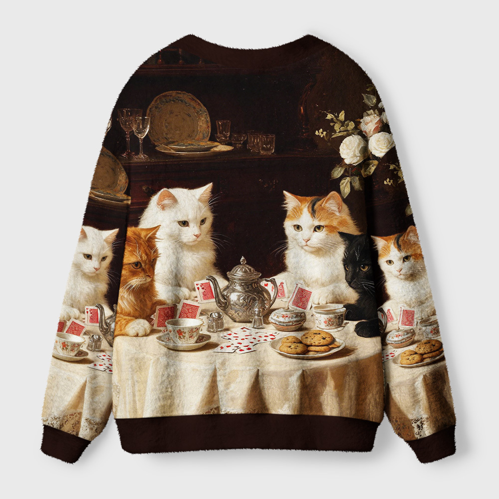 Tokyo-Tiger Cat Poker Tea Party Ugly Cardigan Sweater