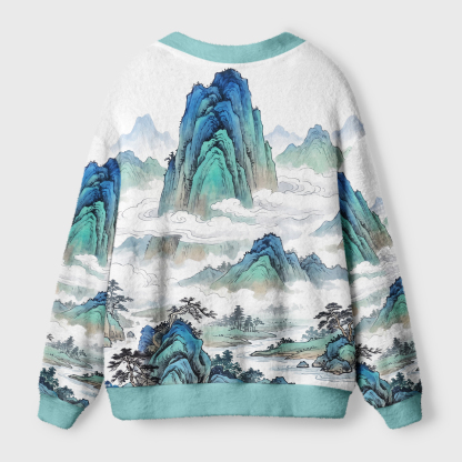 Tokyo-Tiger Chinese Blue-Green Landscape Painting Ugly Cardigan Sweater