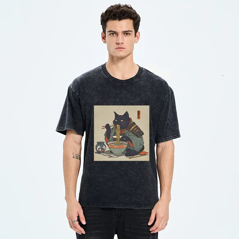 Tokyo-Tiger Cat Warrior Eating Ramen Washed T-Shirt