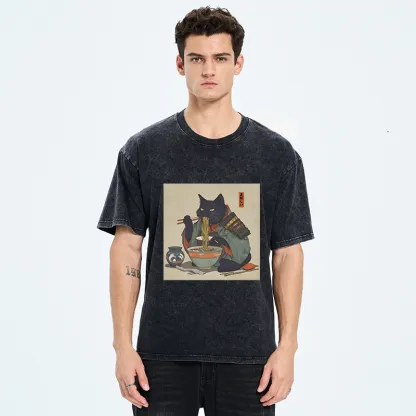 Tokyo-Tiger Cat Warrior Eating Ramen Washed T-Shirt