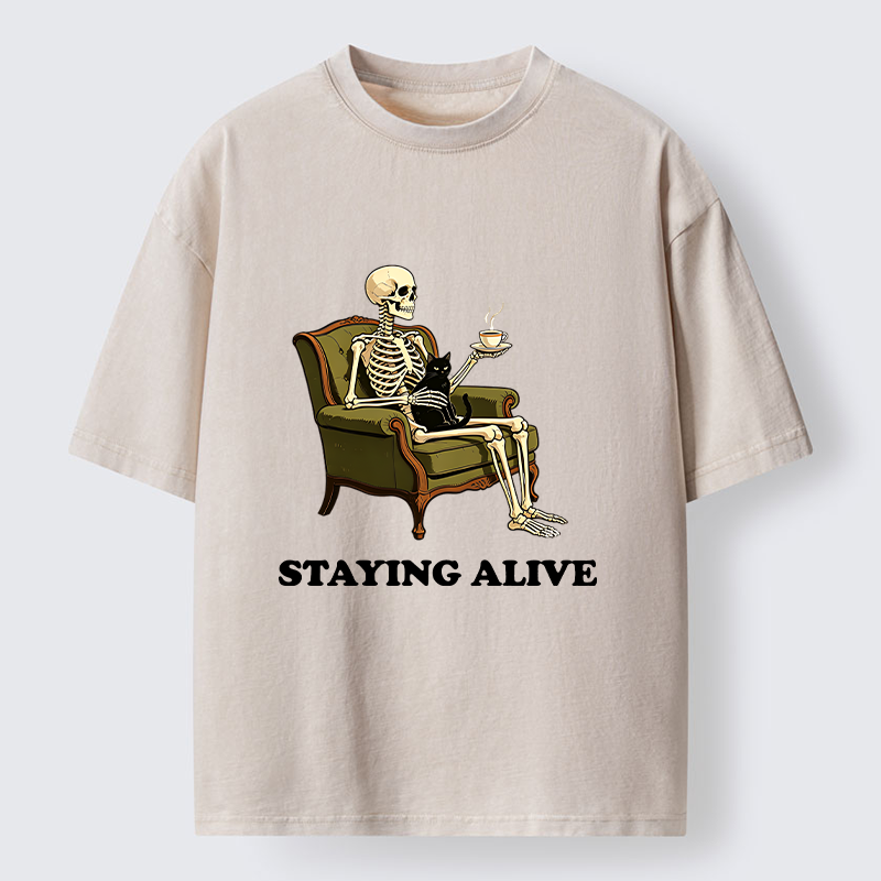 Tokyo‑Tiger Skeleton Coffee Cat Washed T‑Shirt