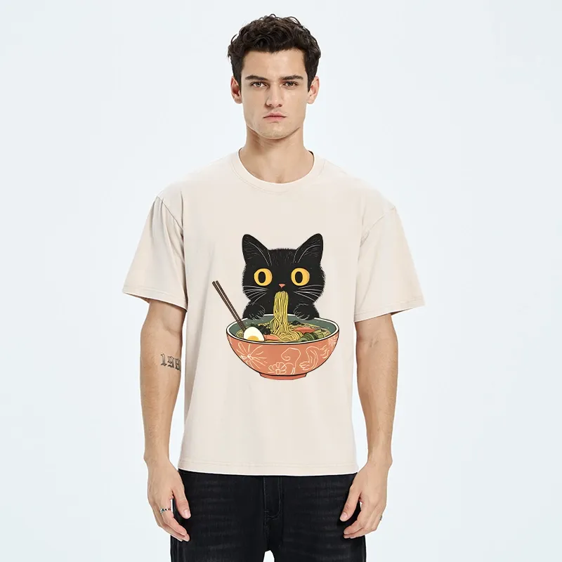 Tokyo-Tiger Black Cat Focused On Ramen Feast Washed T-Shirt