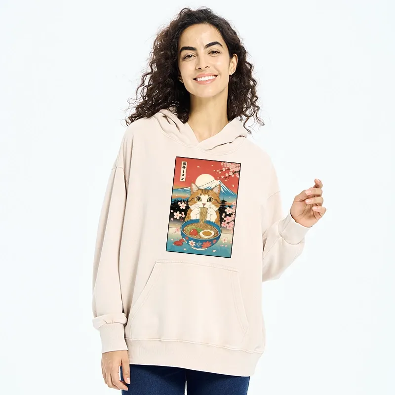 Tokyo-Tiger Funny Orange Cat Eating Ramen Japan Washed Hoodie