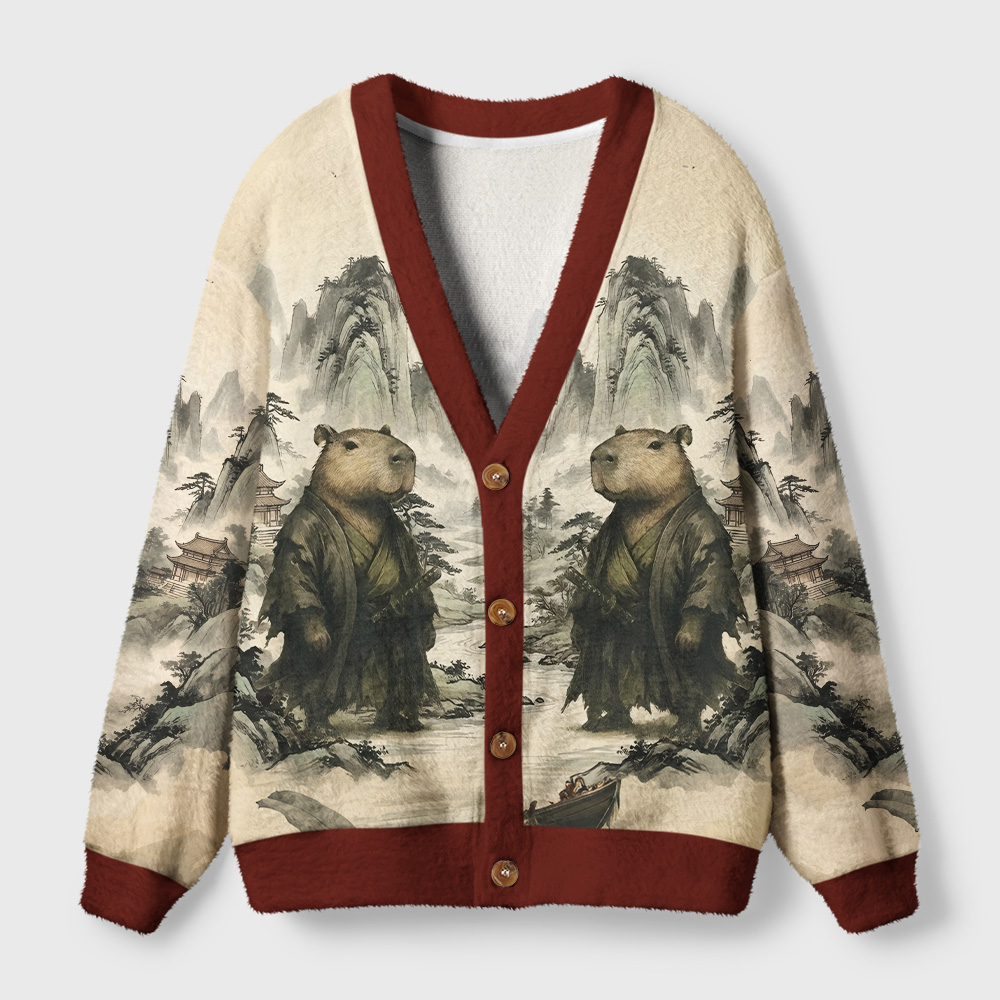 Tokyo-Tiger Capybara Samurai Ugly Cardigan Sweater