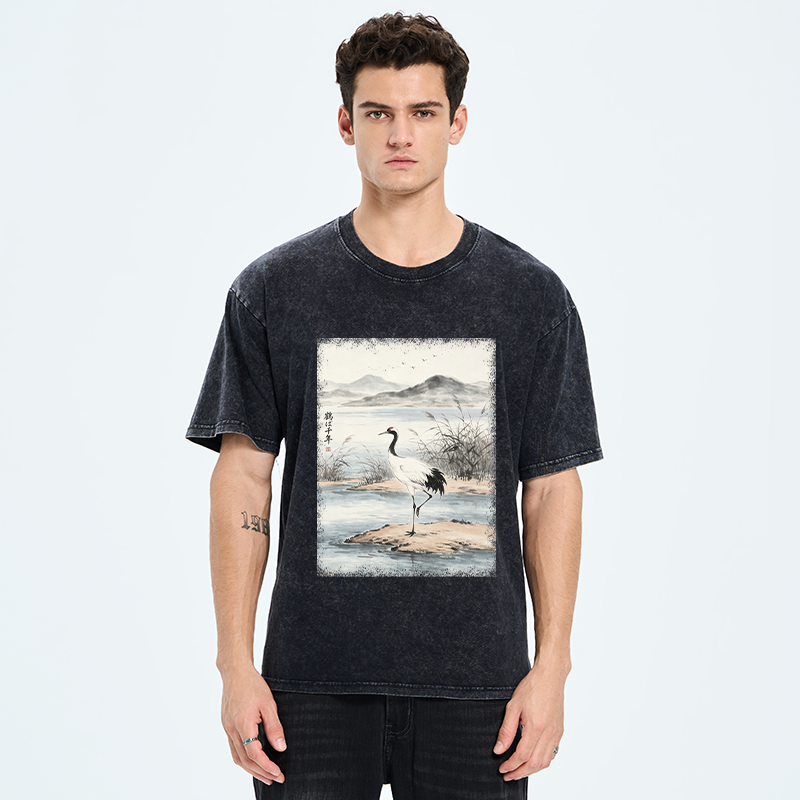 Tokyo-Tiger Serene Oriental Crane Art Washed T-Shirt