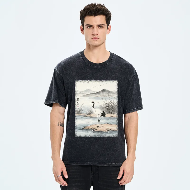 Tokyo-Tiger Serene Oriental Crane Art Washed T-Shirt