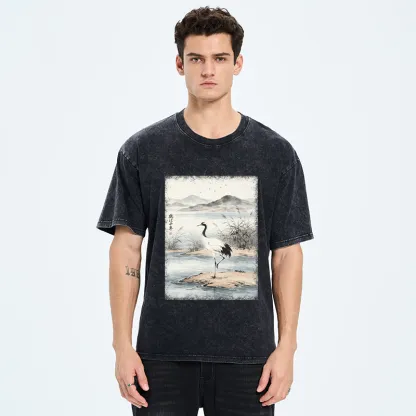 Tokyo-Tiger Serene Oriental Crane Art Washed T-Shirt