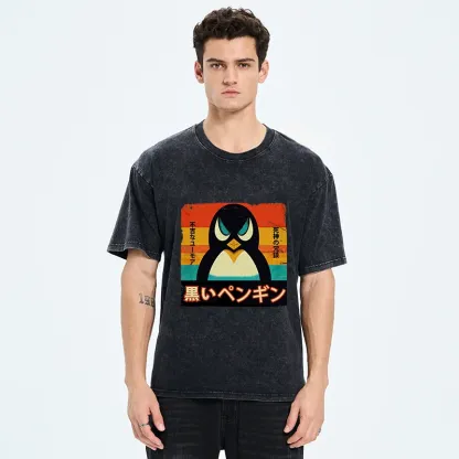 Tokyo-Tiger Black Funny Penguin Washed T-Shirt