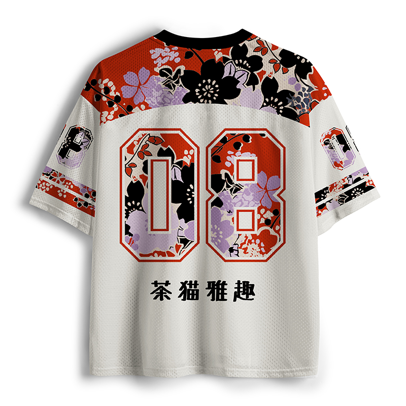 Tokyo-Tiger Kimono Tea Cat Red Vintage Ink Art Mesh Jersey