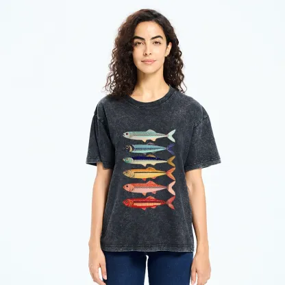 Tokyo‑Tiger Colorful Fish Stack Washed T‑Shirt