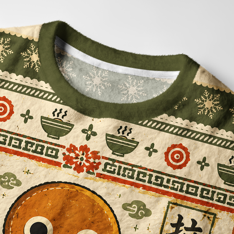Tokyo-Tiger Gingerbread Man Eating Ramen Fuzzy Christmas Ugly Sweatshirt