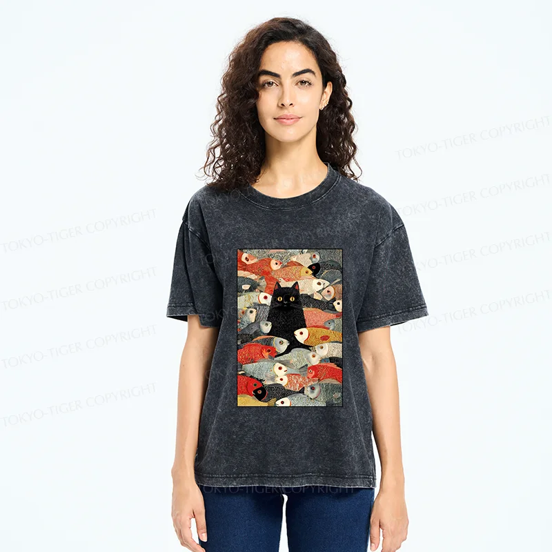 Tokyo-Tiger Cats And Fish Washed T-Shirt