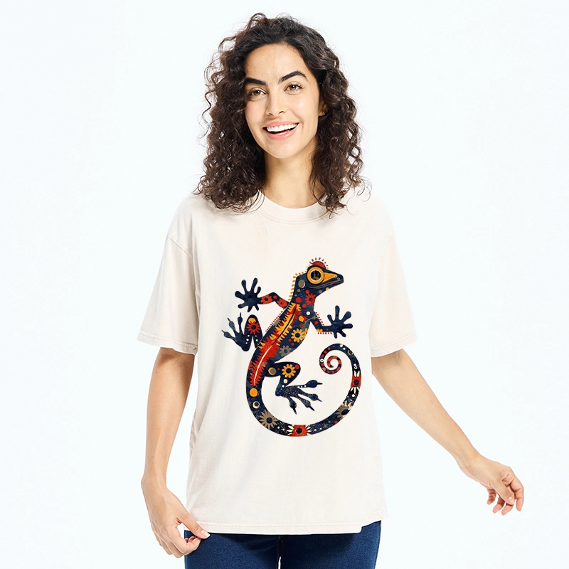 Tokyo-Tiger Colorful Folk Art Gecko Full Of Flowers Washed T-Shirt