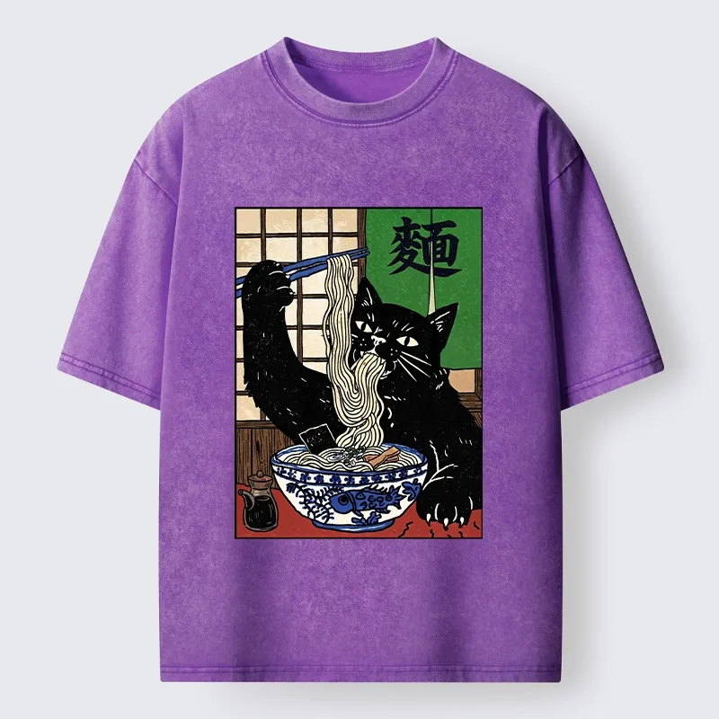 Tokyo‑Tiger Ramen Cat Vibes Washed T‑Shirt