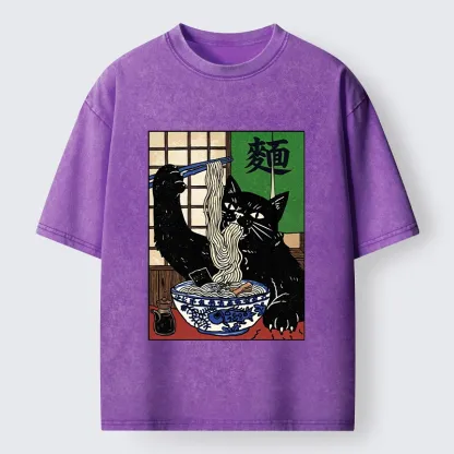 Tokyo‑Tiger Ramen Cat Vibes Washed T‑Shirt