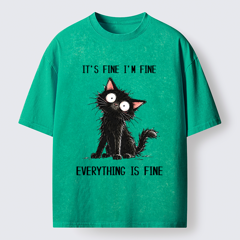 Tokyo-Tiger It's Fine Black Cat Meme Washed T-Shirt