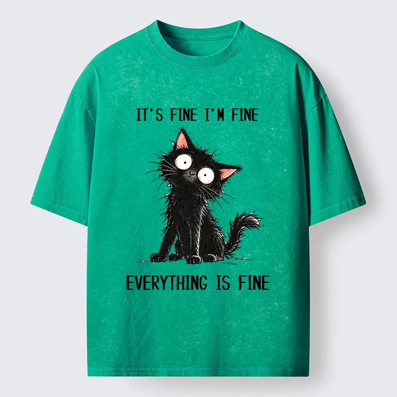 Tokyo-Tiger It's Fine Black Cat Meme Washed T-Shirt