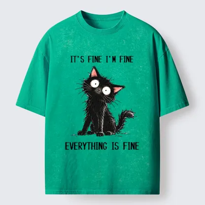 Tokyo-Tiger It's Fine Black Cat Meme Washed T-Shirt