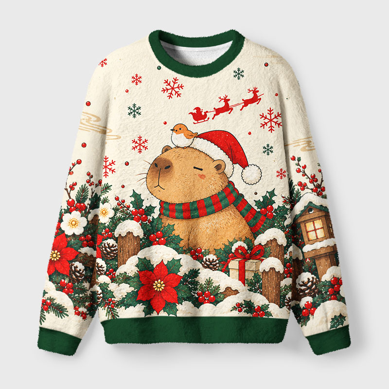 Tokyo-Tiger Bird And Capybara Fuzzy Christmas Ugly Sweatshirt