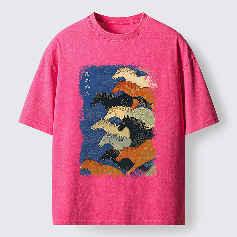 Tokyo-Tiger Vintage Japanese Running Horses Art Washed T-Shirt