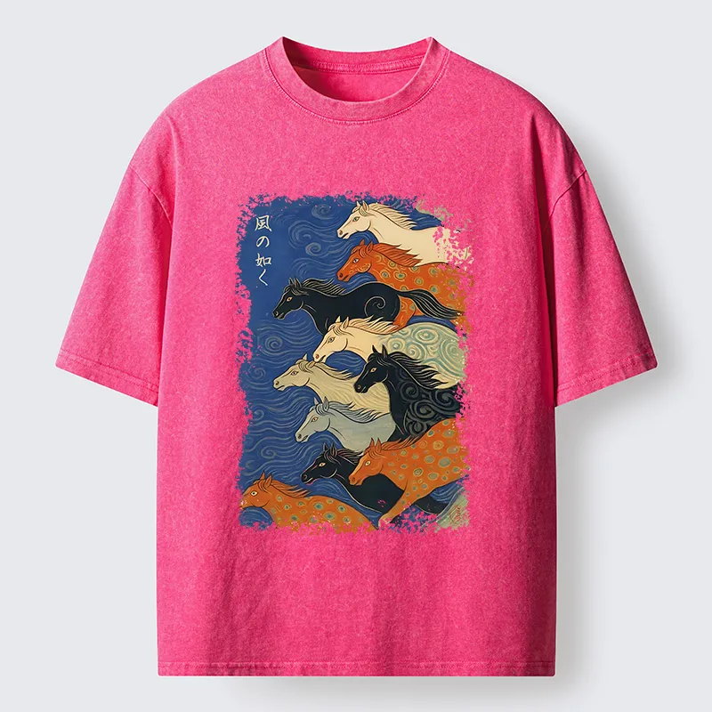 Tokyo-Tiger Vintage Japanese Running Horses Art Washed T-Shirt