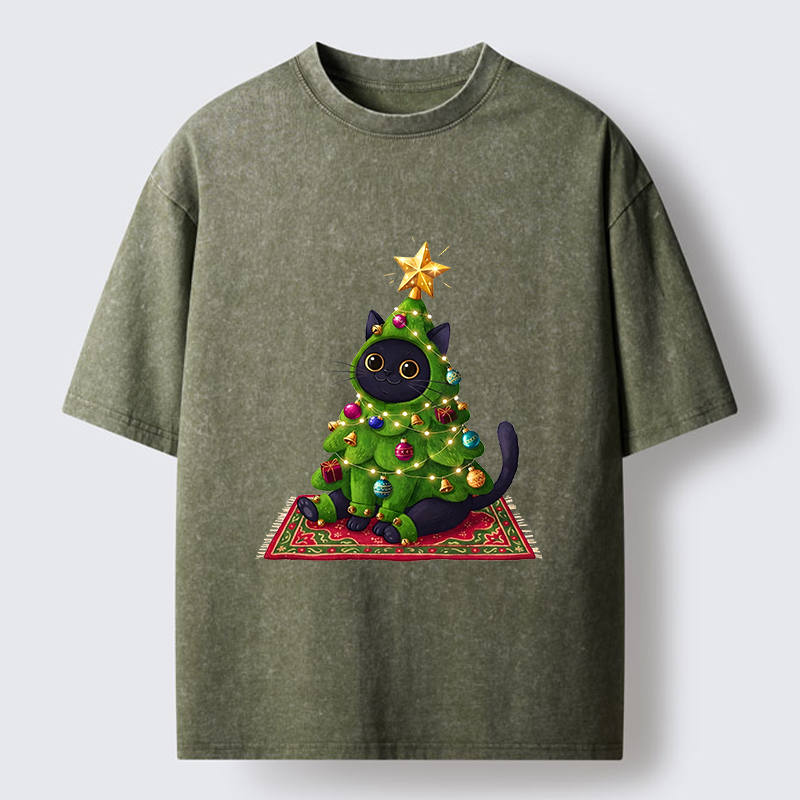 Tokyo-Tiger Cute Christmas Tree Cat Washed T-Shirt