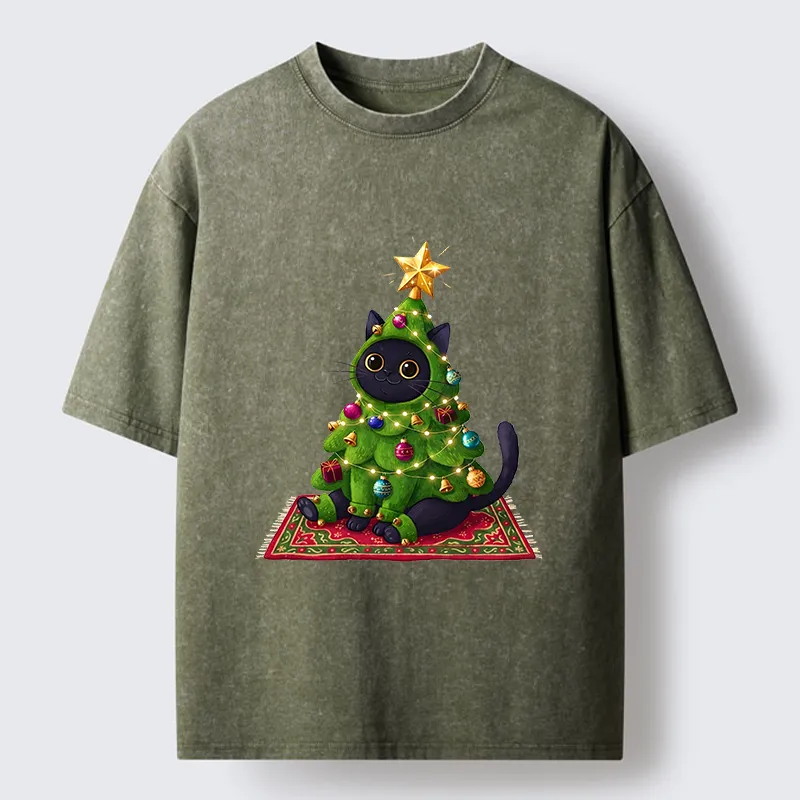 Tokyo-Tiger Cute Christmas Tree Cat Washed T-Shirt