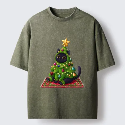 Tokyo-Tiger Cute Christmas Tree Cat Washed T-Shirt