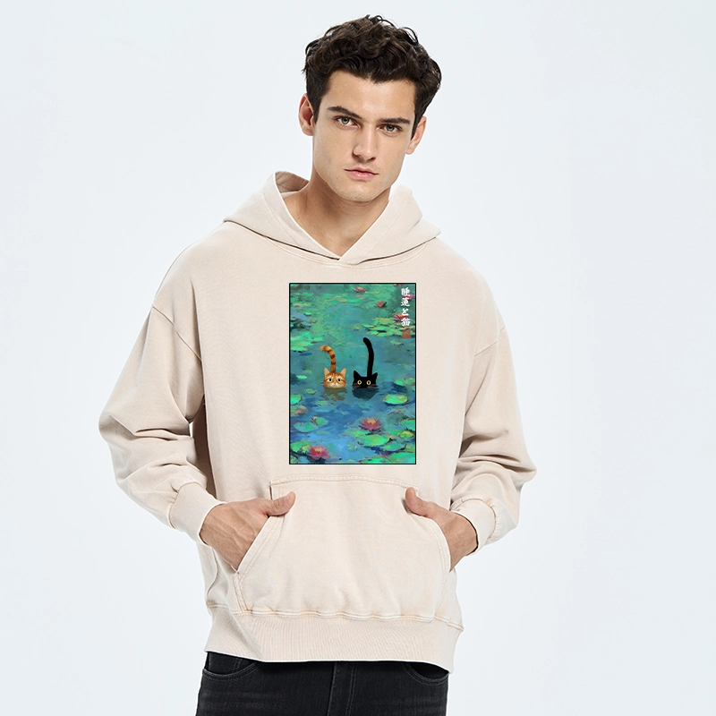Tokyo-Tiger Funny Cats Swimming In Lilies Washed Hoodie
