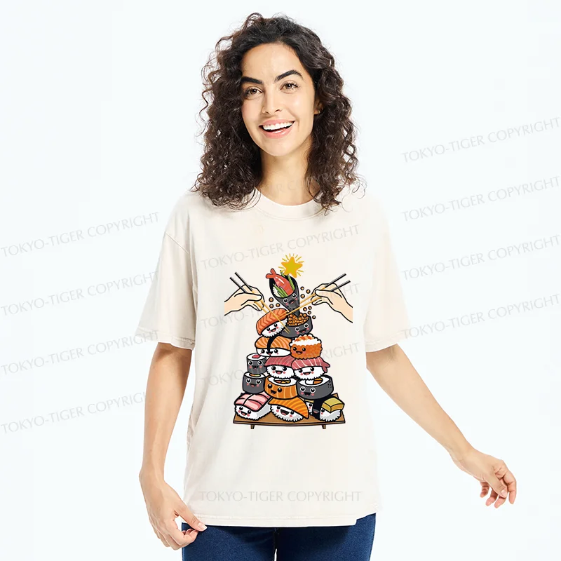 Tokyo-Tiger Sushi Christmas Tree Japan Washed T-Shirt