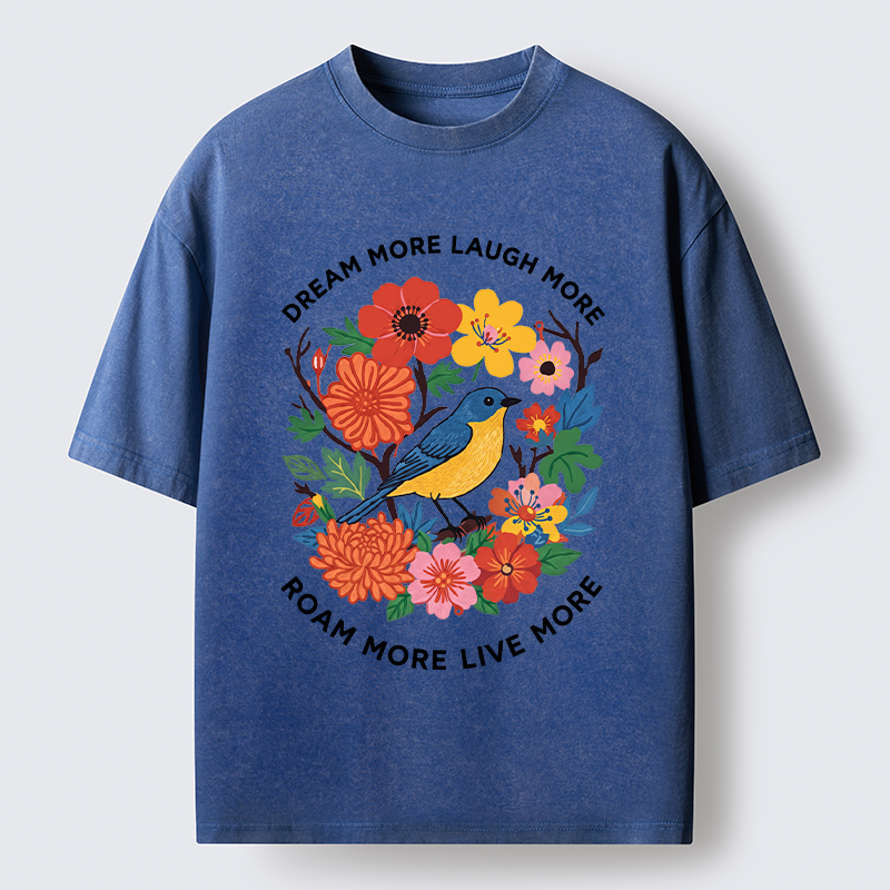 Tokyo-Tiger Vintage Bird Floral Quote Washed T-Shirt