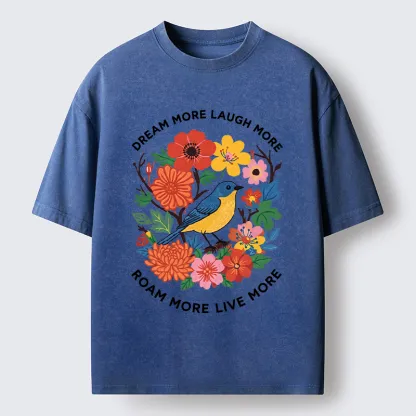 Tokyo-Tiger Vintage Bird Floral Quote Washed T-Shirt