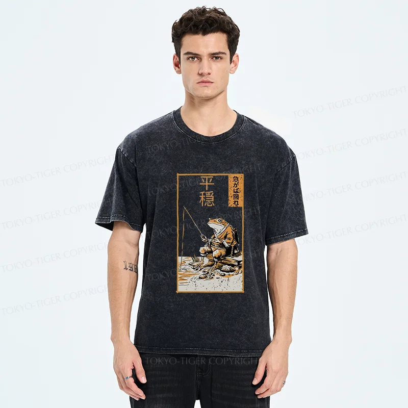 Tokyo-Tiger Frog Fishing Funny Washed T-Shirt