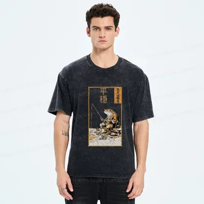 Tokyo-Tiger Frog Fishing Funny Washed T-Shirt