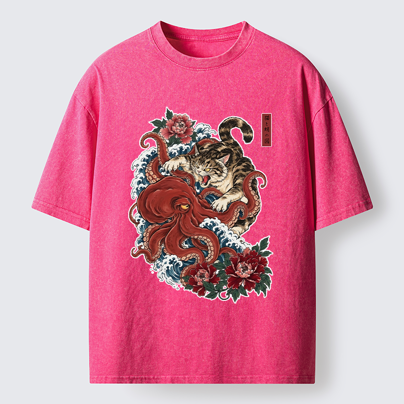 Tokyo-Tiger Ukiyo Style Cat Fighting Octopus Washed T-Shirt