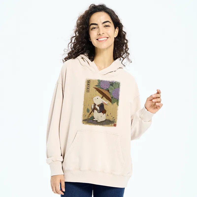 Tokyo-Tiger Ukiyoe Rainy Stroll Bunny Washed Hoodie