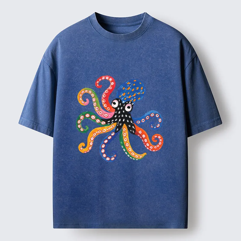 Tokyo-Tiger Bright Rainbow Octopus Washed T-Shirt