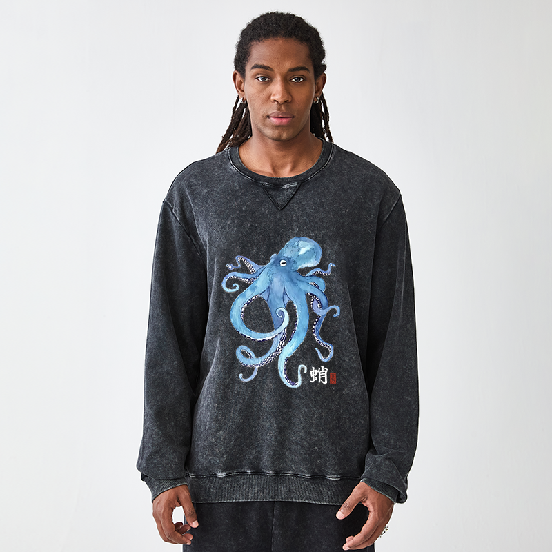 Tokyo-Tiger Watercolor Blue Octopus Washed Terry Sweatshirt