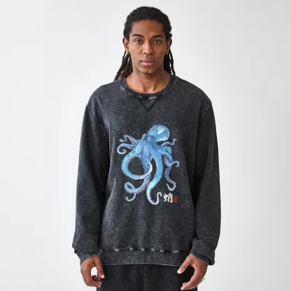 Tokyo-Tiger Watercolor Blue Octopus Washed Terry Sweatshirt