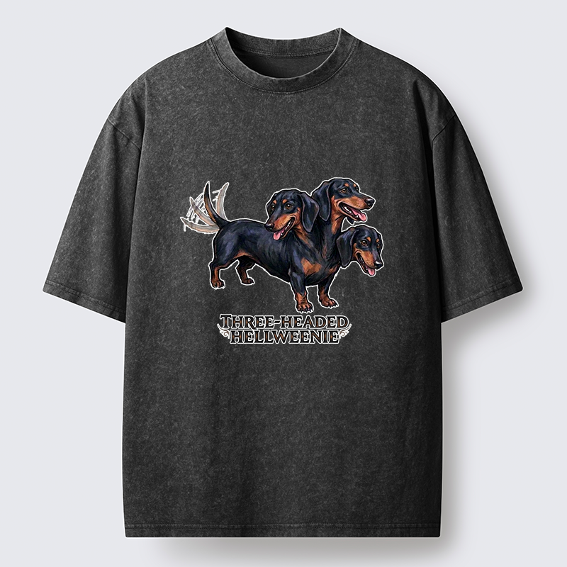 Tokyo-Tiger Three-headed Hellweenie Dachshund Dog Washed T-Shirt