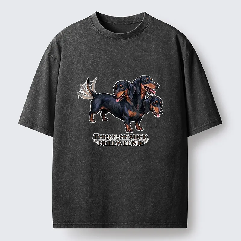 Tokyo-Tiger Three-headed Hellweenie Dachshund Dog Washed T-Shirt