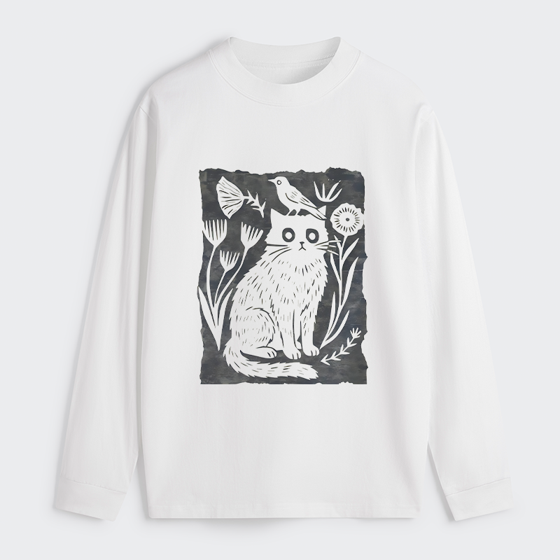 Tokyo-Tiger Folk Paper Cut Cat Bird Floral Art Classic Long Sleeve T-Shirt