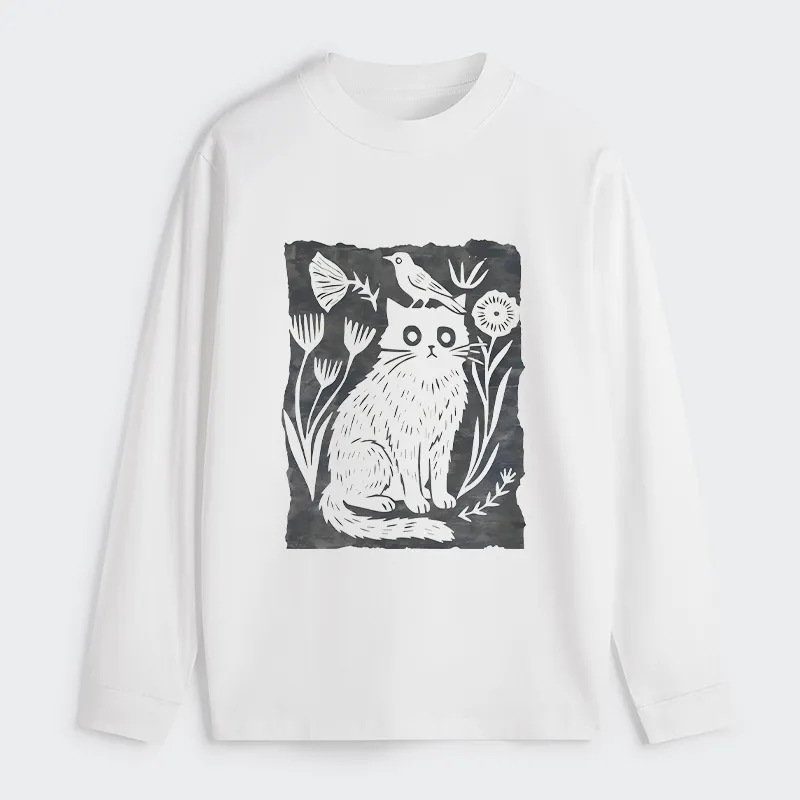Tokyo-Tiger Folk Paper Cut Cat Bird Floral Art Classic Long Sleeve T-Shirt