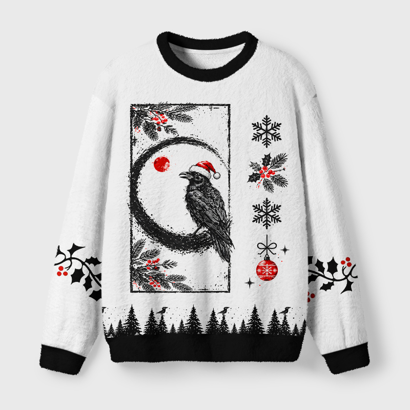 Tokyo-Tiger Gothic Crow Santa Hat Fuzzy Christmas Ugly Sweatshirt