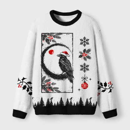 Tokyo-Tiger Gothic Crow Santa Hat Fuzzy Christmas Ugly Sweatshirt