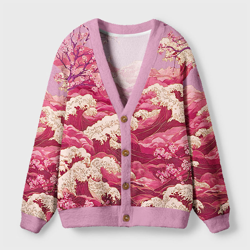 Tokyo-Tiger Moonlit Sakura Sea Ugly Cardigan Sweater